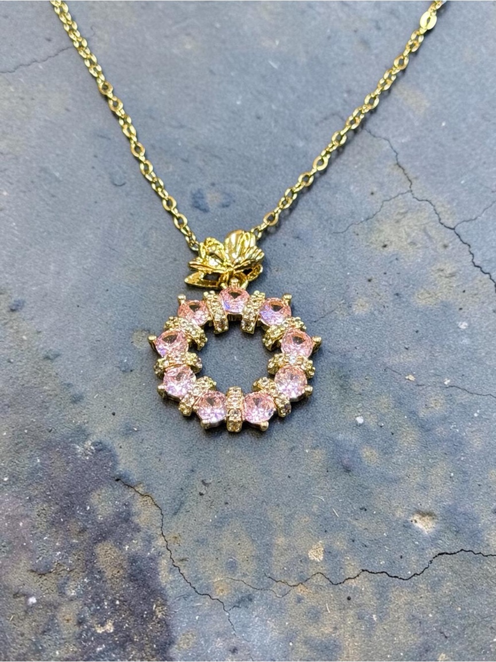 Gold Stainless Steel Pink Crystal Wreath Necklace - Women Jewelry